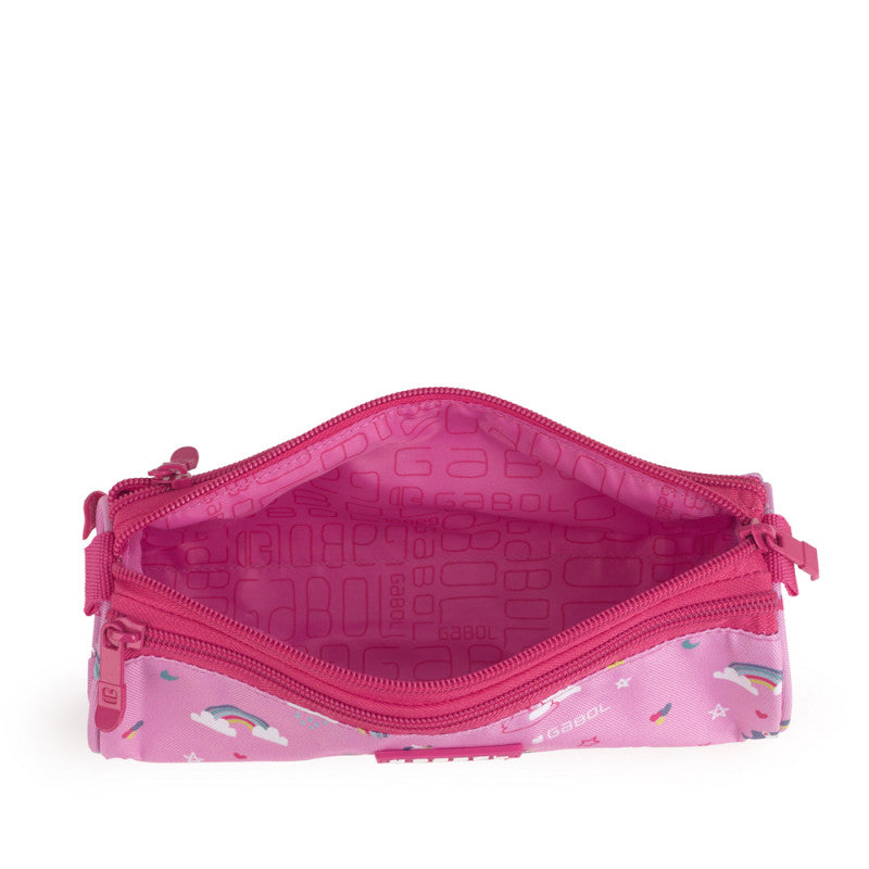Estuche Triple RAINBOW Gabol: Organizador Escolar Impermeable en Poliéster Rosa Mediano